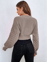 V-neck drop shoulder sleeve button-down cropped knitted cardigan