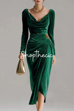 Retro long-sleeved pleated velvet slits midi dress