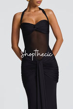 Halter-neck tie-up mesh spliced ribbon maxi dress