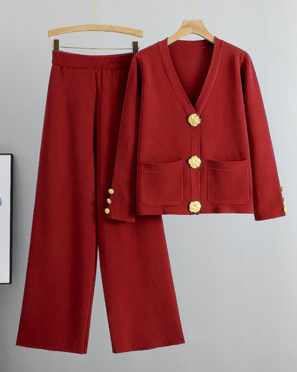 Chic gold large button knitted sweater and wide-leg pants two-piece suit