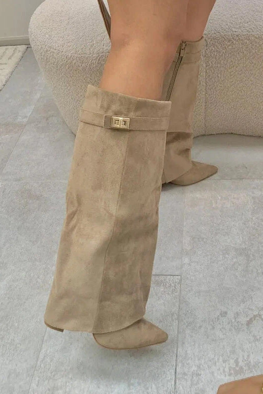 Pointed toe block heel wide circumference metal buckle mid-calf wide-leg slouch boots
