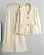 Chic gold large button knitted sweater and wide-leg pants two-piece suit
