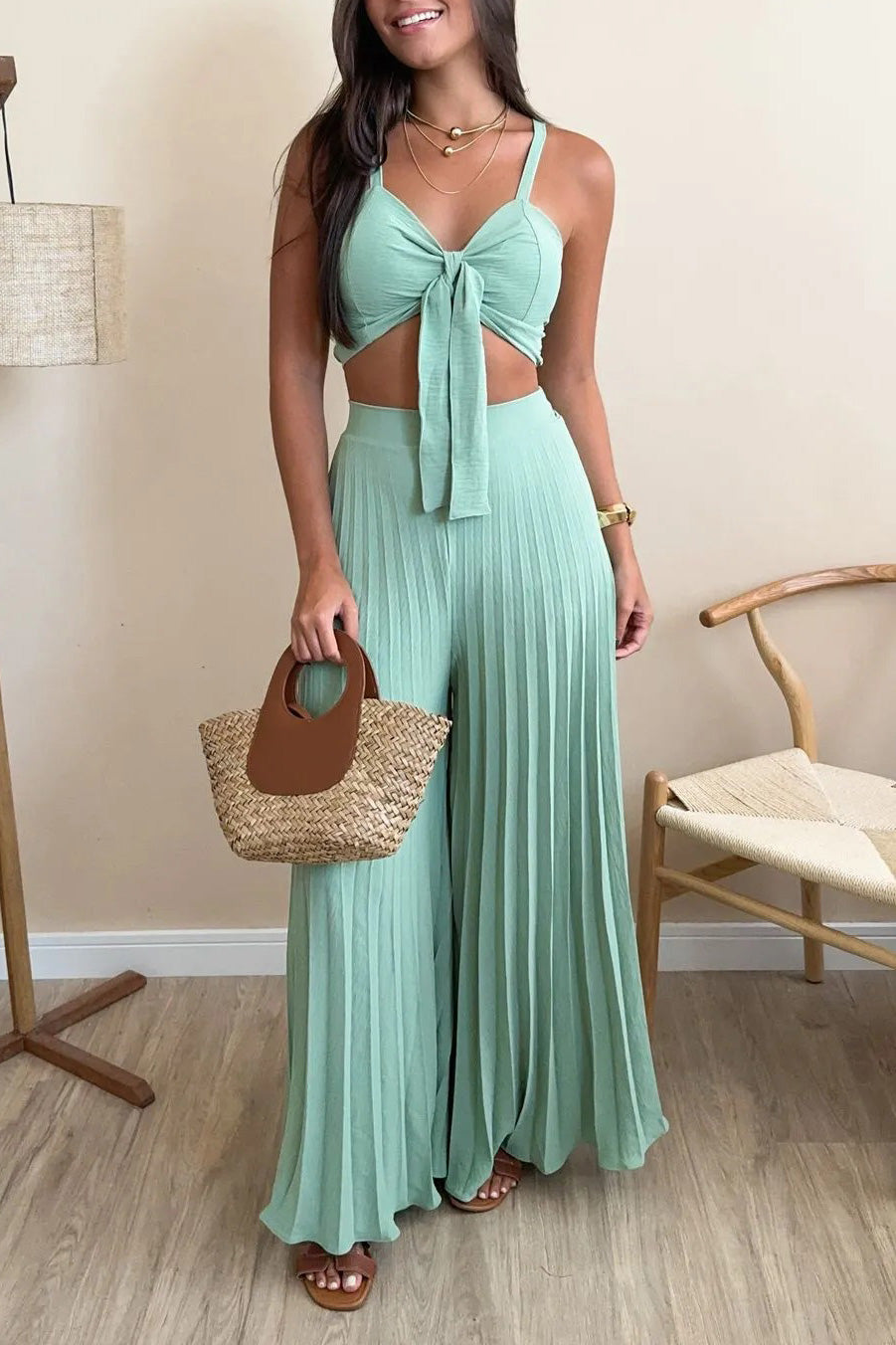 Camisole top and pleated wide-leg pants two-piece set