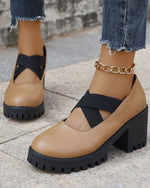 Cross Elastic Strap Square-toe Chunky Heel Mary Jane Sandals