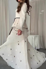 White long-sleeved chiffon butterfly embroidery dress