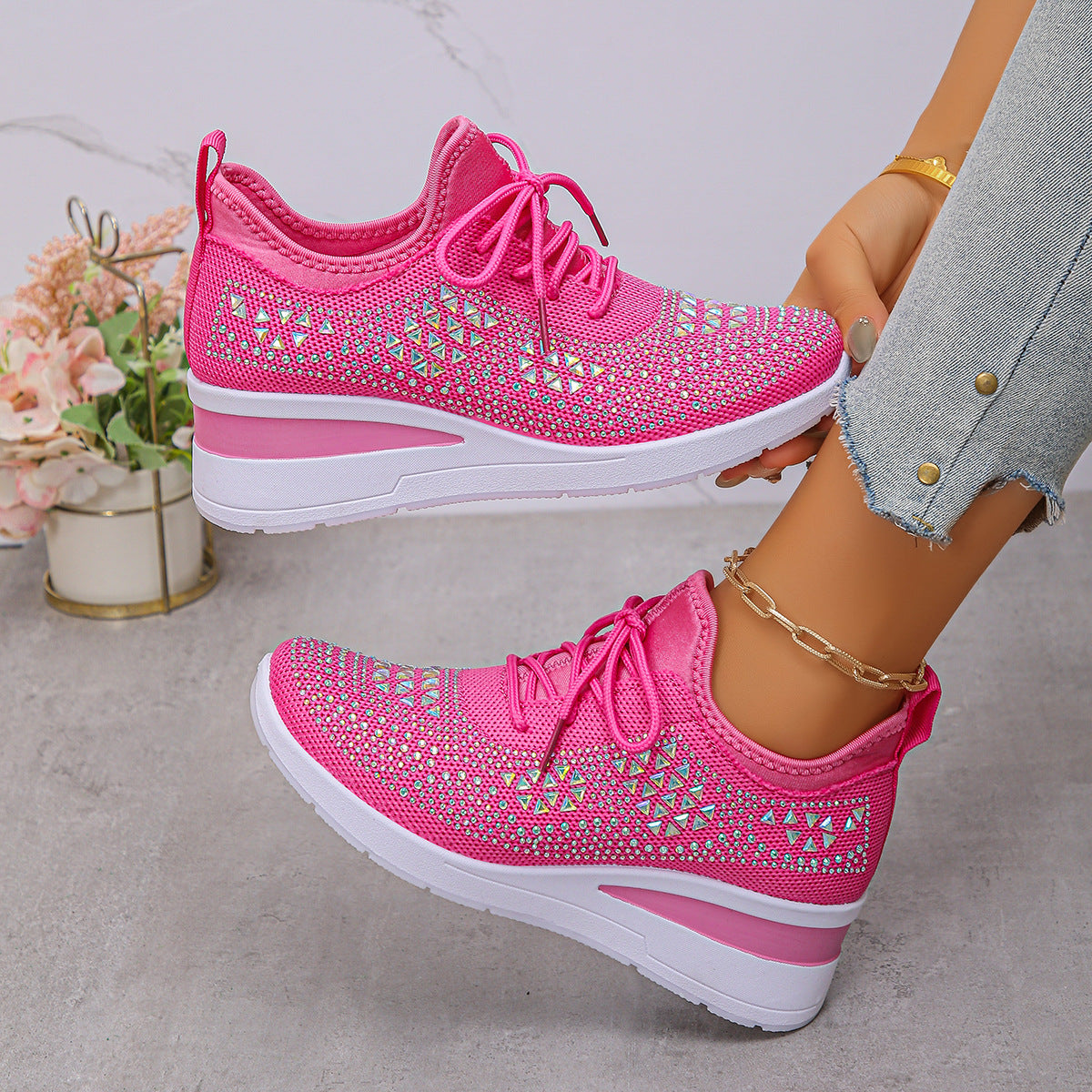 Rhinestones Woven Upper Hidden Heel lightweight walking shoes