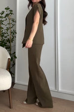 Irregular V-neck top and high-waisted trousers two-piece suit