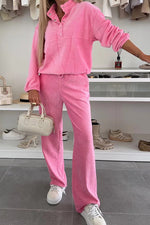 Button-down stand-up collar sweatshirt jacket and trousers Two-piece set