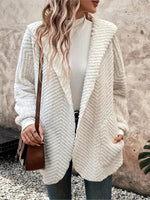 White Wavy Double-Faced Fleece Hooded Cardigan