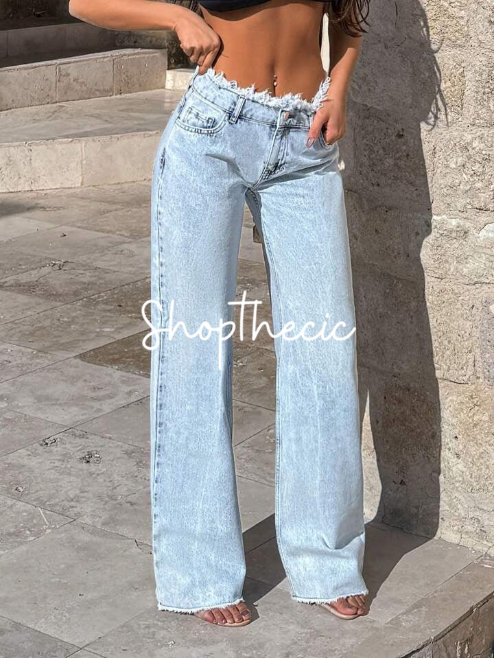 Distressed high-waisted frayed wide-leg jeans