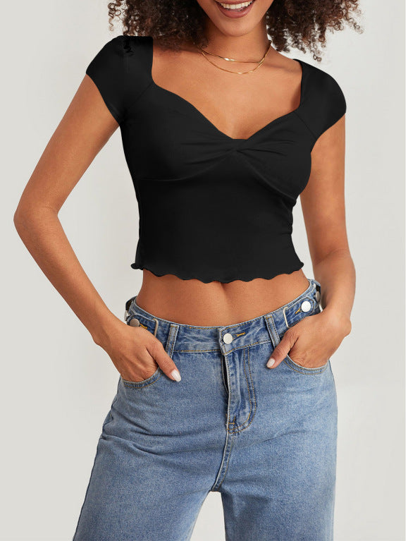 V-neck slim fit ruffled short-sleeved T-shirt