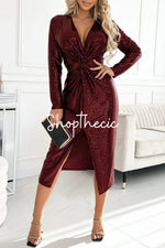 Elegant long-sleeved V-neck pleated sequined slit dress