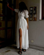 Elegant puff sleeve slit mesh dress