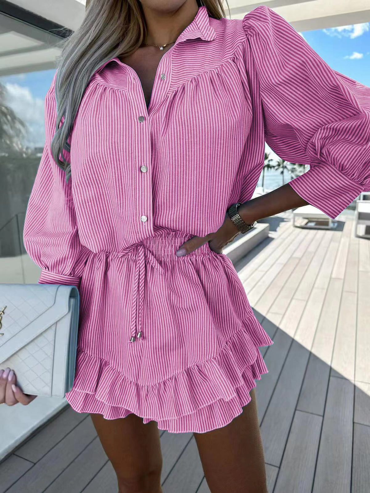 Striped mid-length sleeve shirt and shorts two-piece suit
