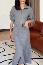 Solid color knit lapel zip-up top and maxi skirt two-piece set