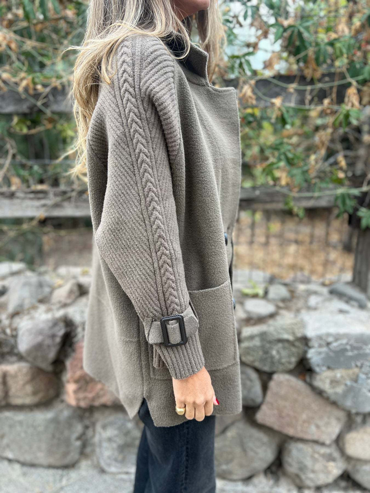 Cable Large Suit Collar Mid-Length Cardigan Knitted Jacket