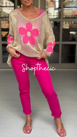 V-neck floral openwork knit cover-up