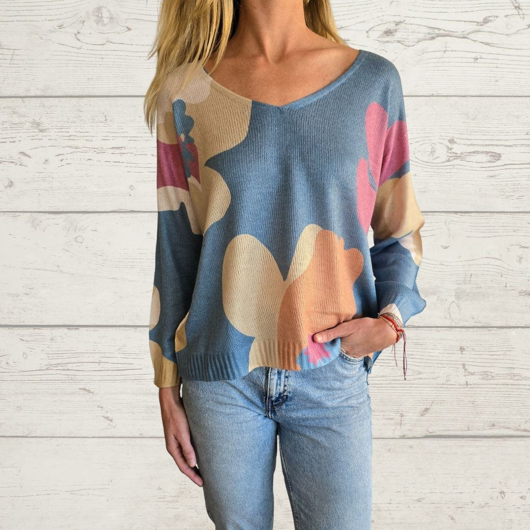 Round neck loose cropped pullover printed sweater top