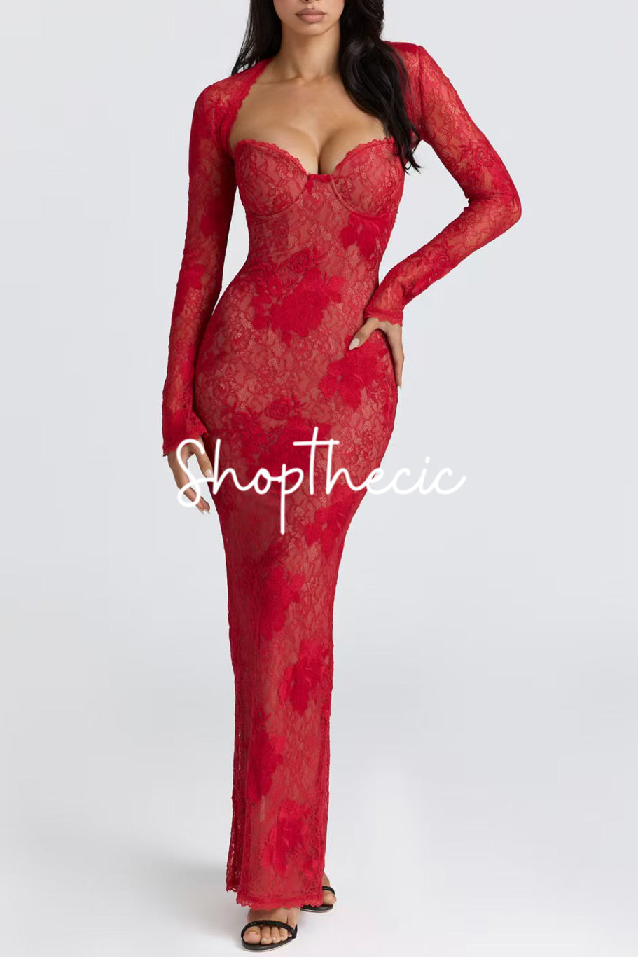 Hollow-out lace vest strapless bodycon long back slit dress two-piece set