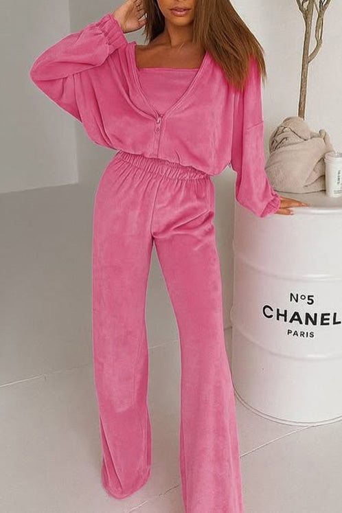 Afternoon Nap Hooded Cardigan and Elastic Wide-Leg Pants