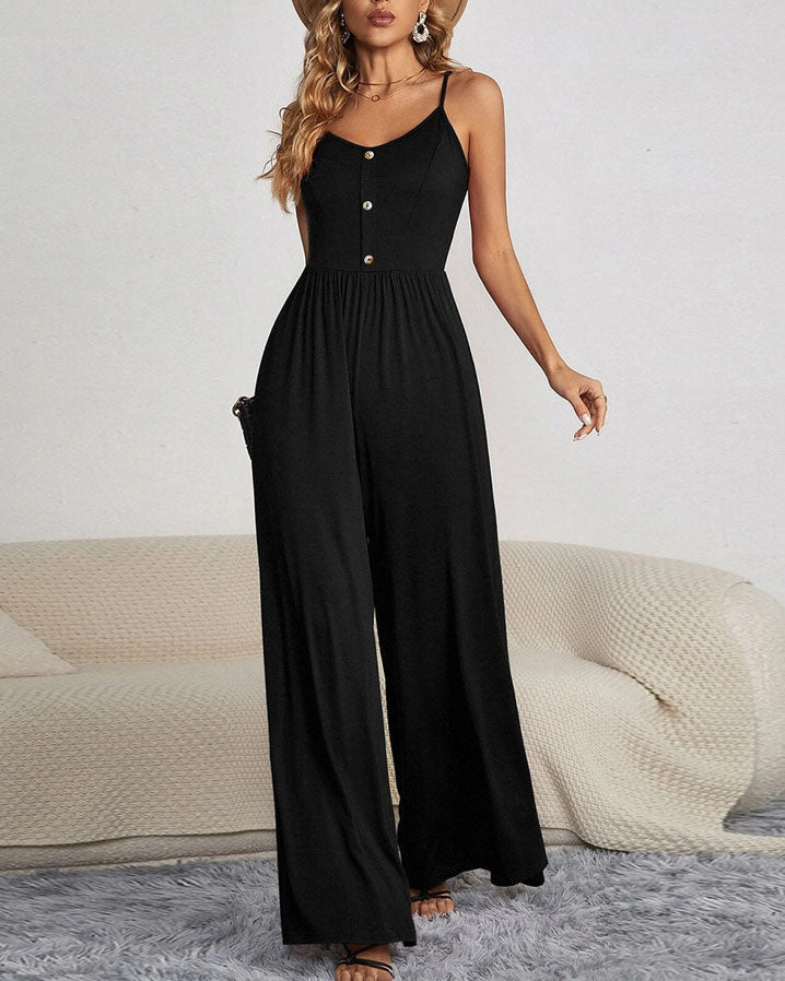 Solid Color Camisole Button-up Top Wide-leg Jumpsuit