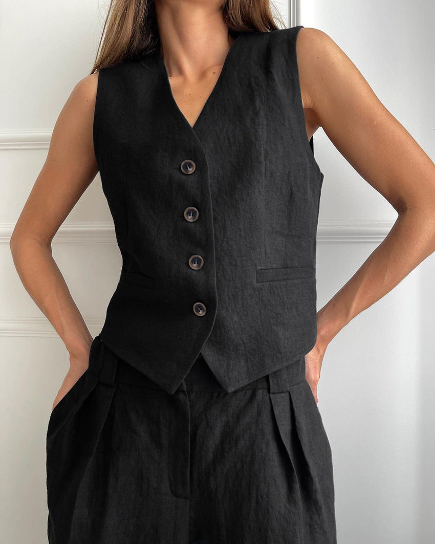 Einfarbiges Set aus Weste und langer Hose aus Baumwolle und Leinen mit V-Ausschnitt