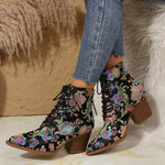 Retro ethnic style pointed toe thick heel lace-up embroidered Martin boots