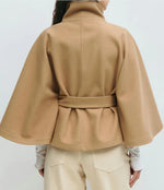 Solid color stand collar button belt cape trench coat
