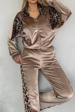 Suede leopard print contrast long-sleeved jacket and wide-leg pants two-piece set