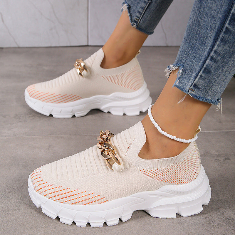 Metal chain thick breathable fly knit sneakers