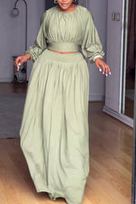 Round neck long-sleeved top elastic waist pleated skirt two-piece set