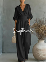 Elegant solid color fitted waist V-neck jumpsuit