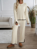 Contrasting trim Solid color knitted sweater and pants set