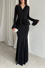 Solid color long-sleeved V-neck lace strappy hip Maxi dress