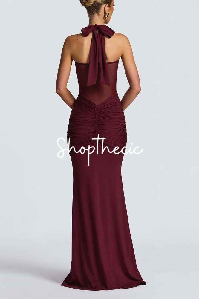 Halter-neck tie-up mesh spliced ribbon maxi dress
