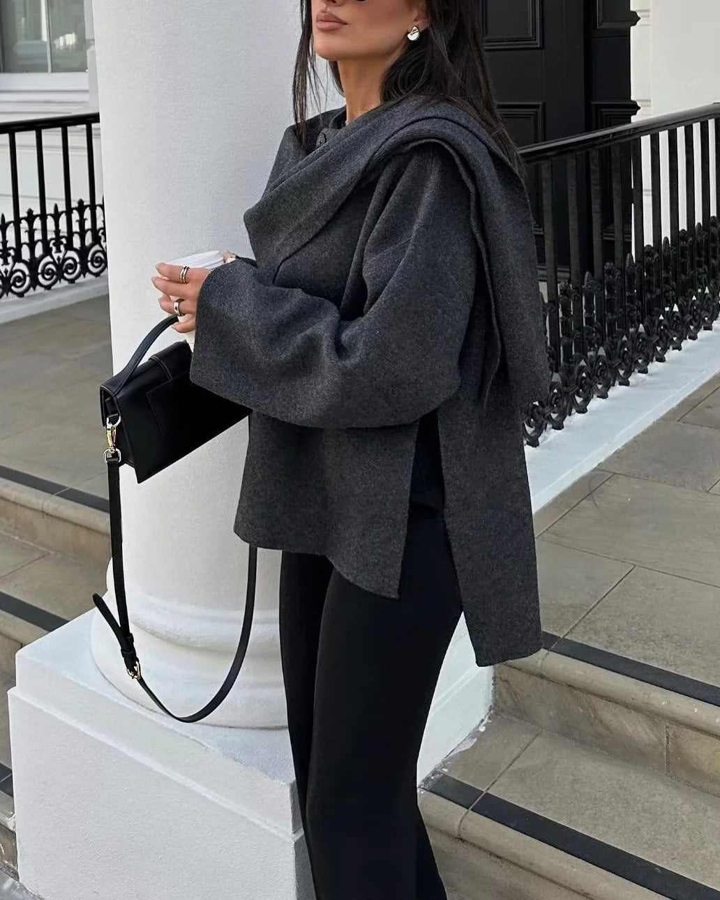 Parisian Boulevard Asymmetric scarf cropped knitted jacket