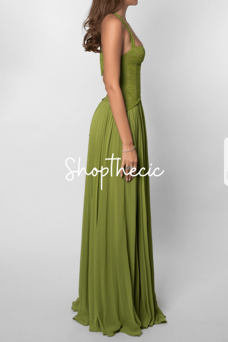 Frosty Iris halter neck low-cut pleated maxi dress