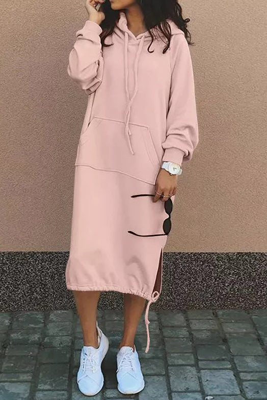 Large pockets tie-down hem hooded long sweatshirt dress