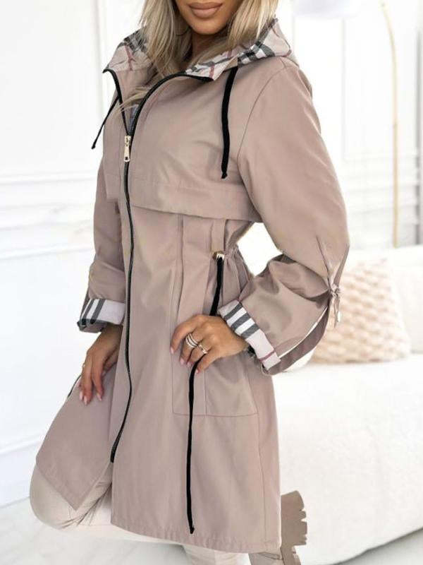 Classic plaid lining hooded mid-length trench coat