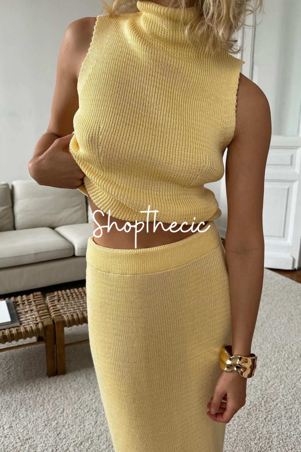 Sleeveless turtleneck knitted vest bodycon maxi skirt set