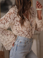 White deep V Trumpet Sleeve hollow lace shirt