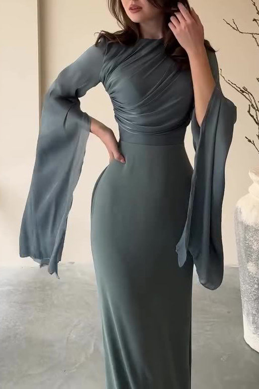 Mesh flared sleeves satin long slim dress