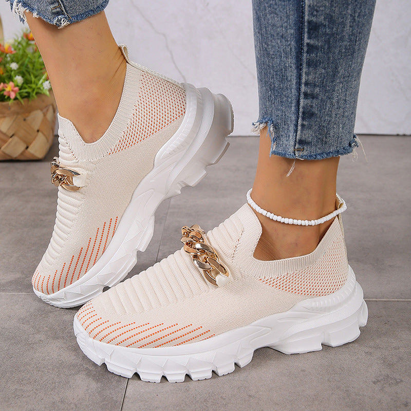 Metal chain thick breathable fly knit sneakers