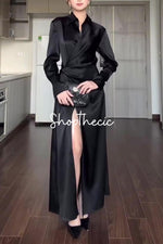 V-neck slim-fit solid color high-waisted shirt dress
