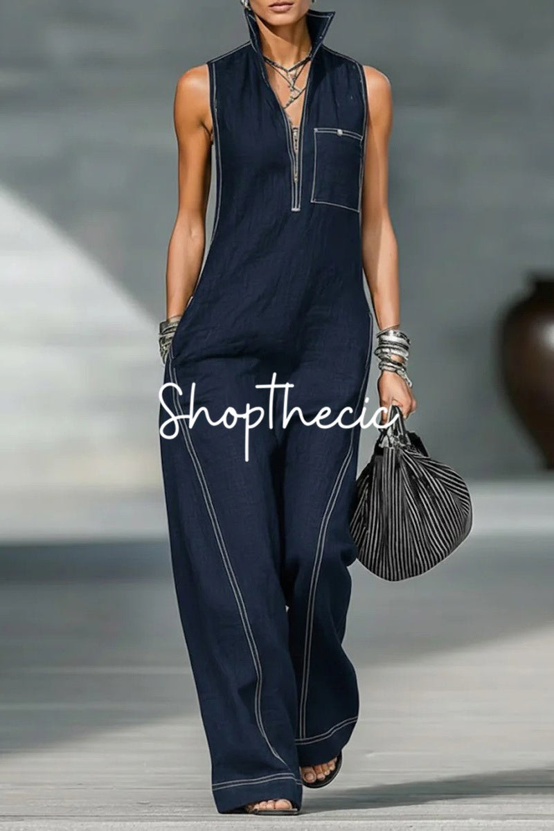 Minimalist Stand Collar Trim Sleeveless Jumpsuit