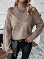Solid color loose off-the-shoulder long-sleeved turtleneck sweater