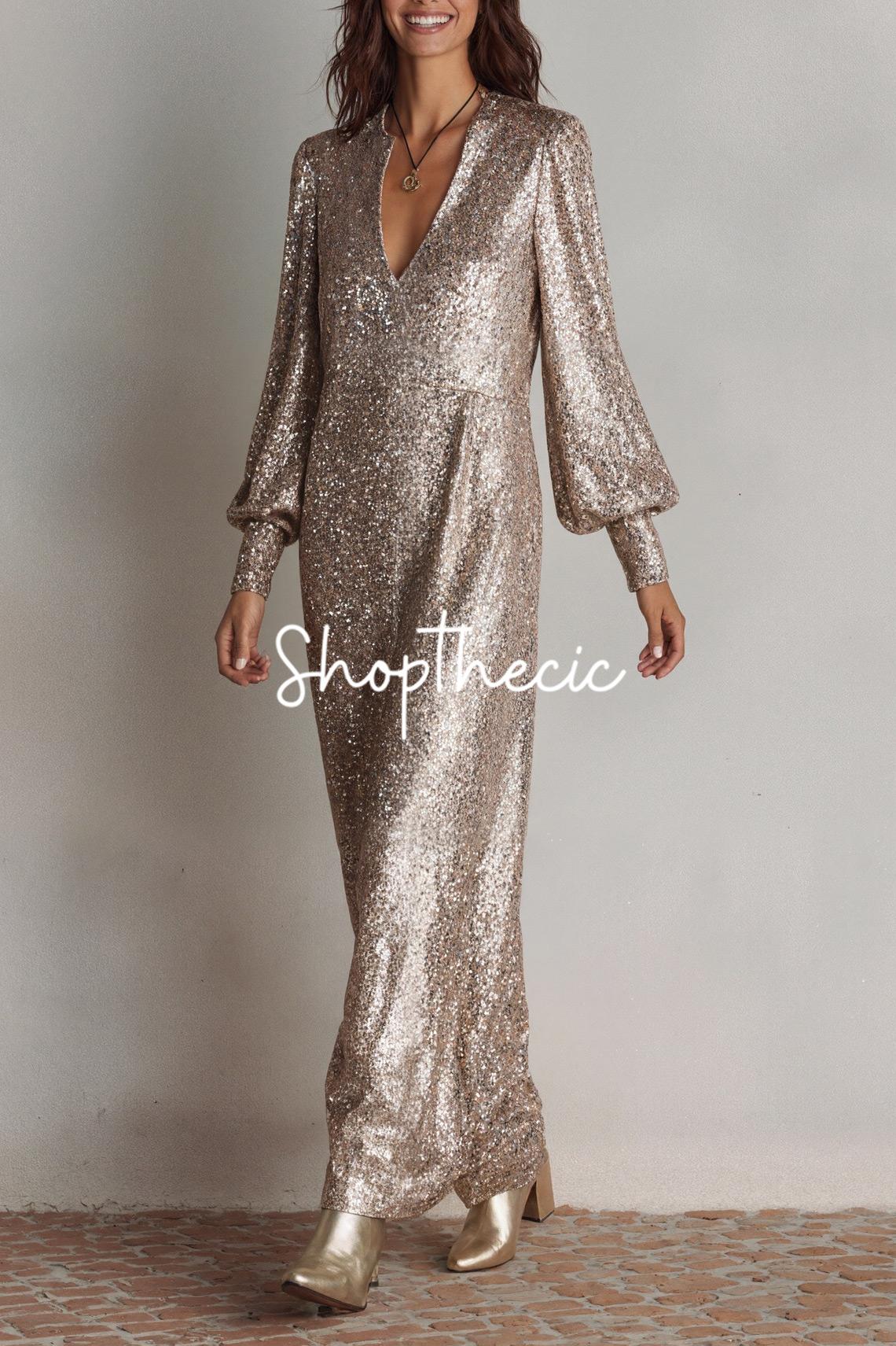Abito con paillettes, scollo a V, maniche lunghe e spacco