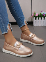 Champagne Leaf-Shaped Metallic Buckle Flat Loafers