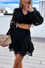 Hollow embroidered cropped long-sleeved top and skirt two-piece set