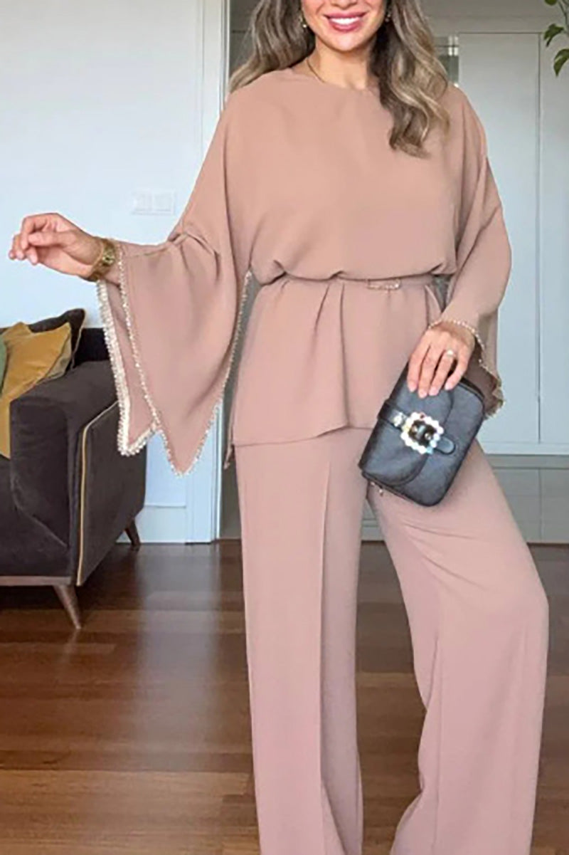 Rhinestone long-sleeved top and wide-leg pants set